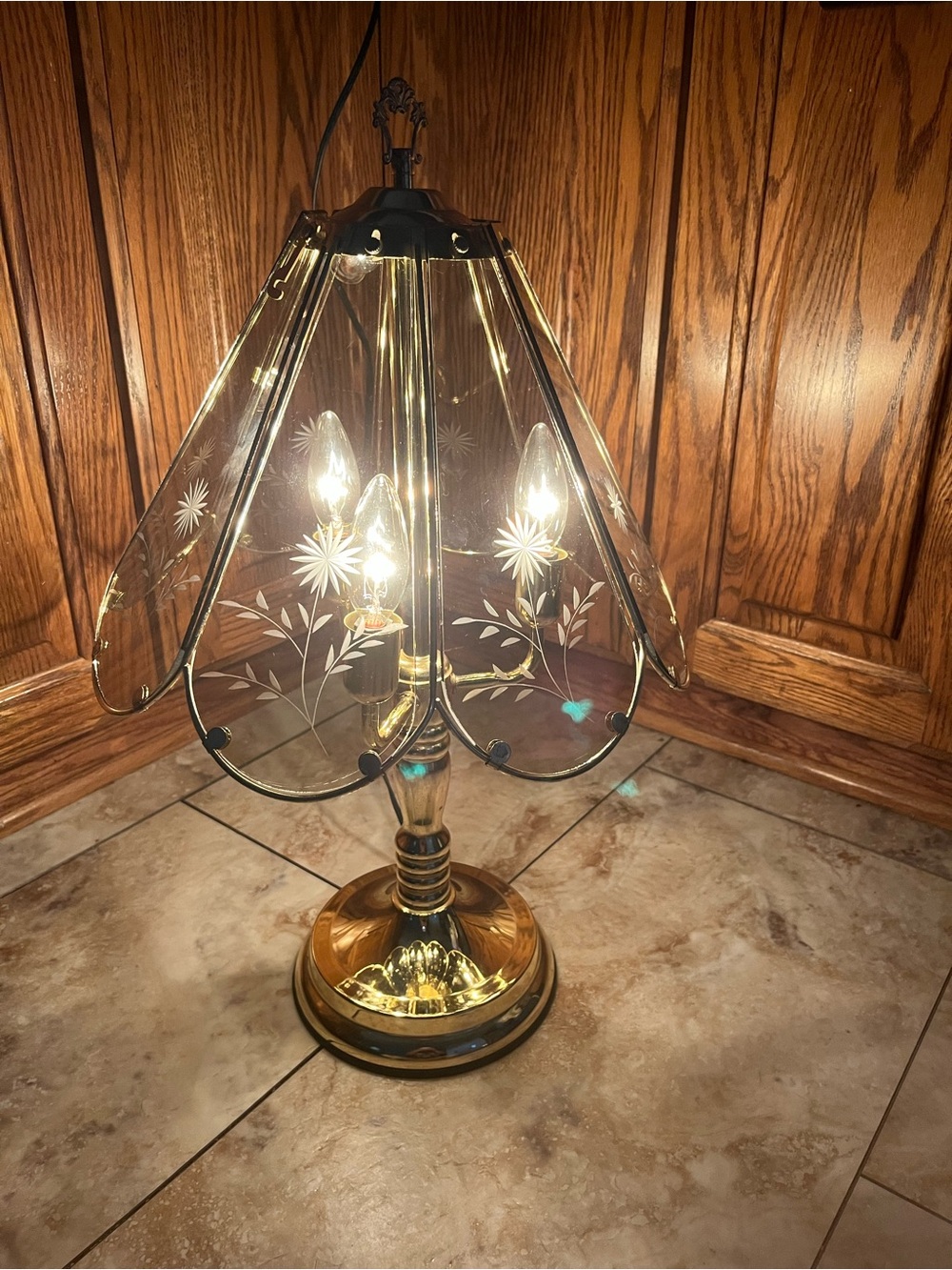 Brass Glass Etched Table Touch Lamp - Gold Finish